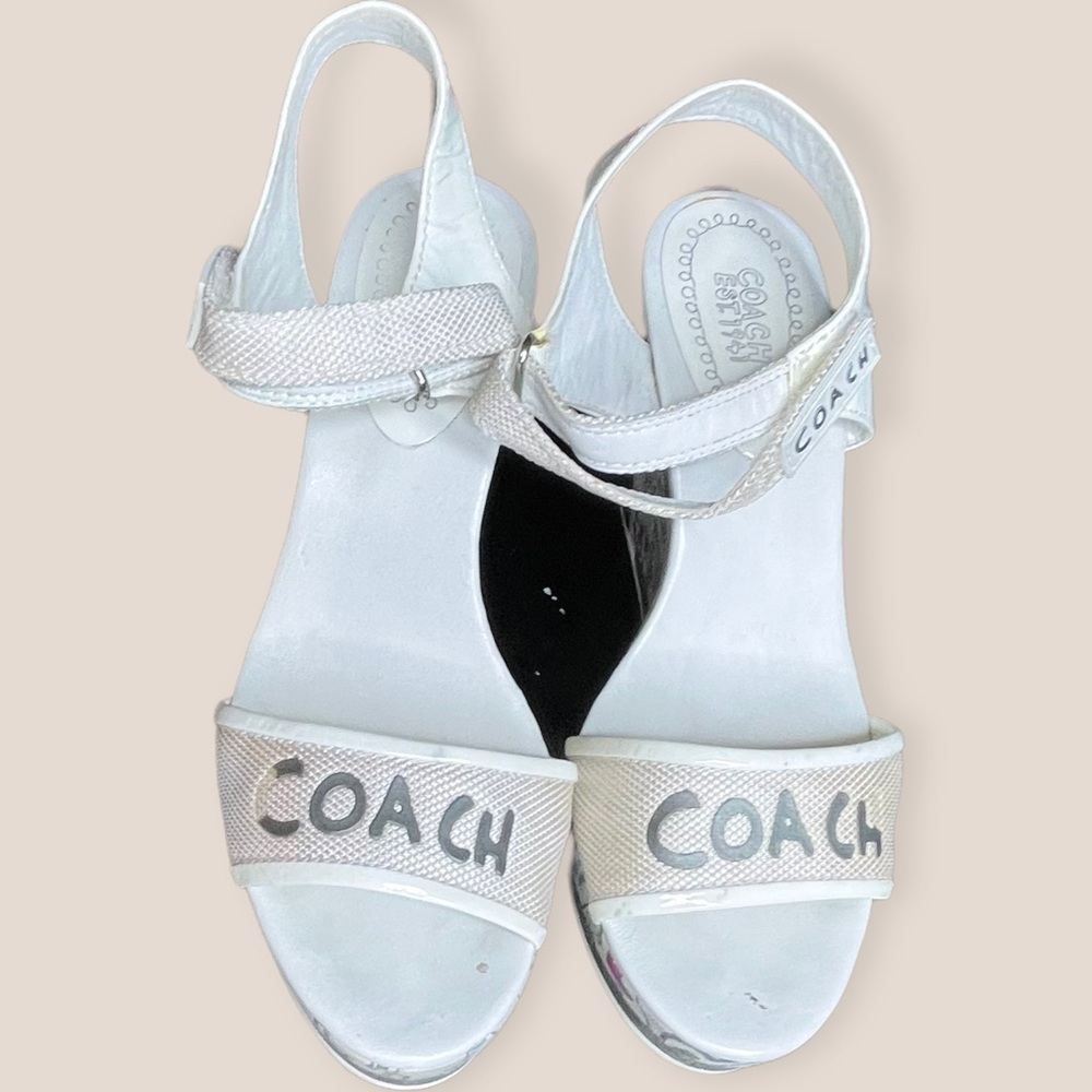 COACH White and Silver Y2K Style PopArt Graffiti Wedge Peep Toe Maximalist Heels